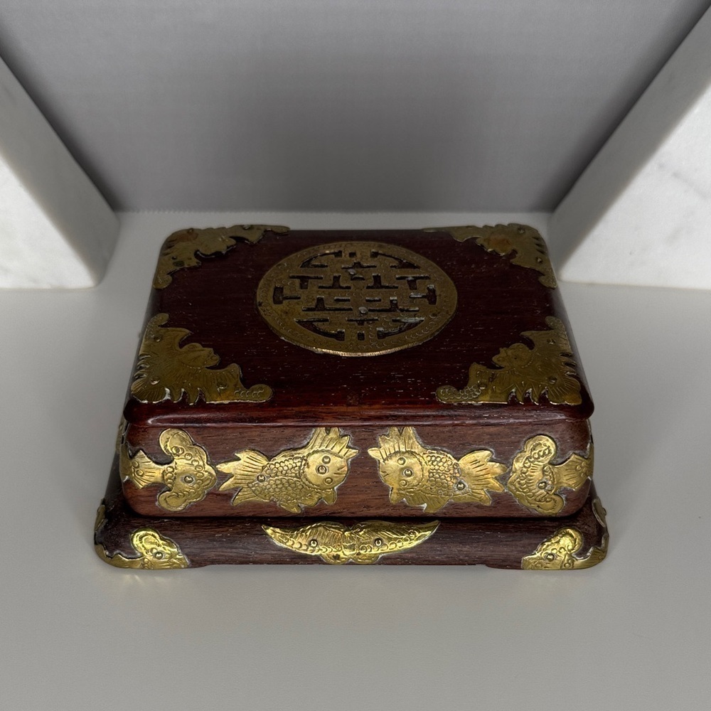 Antique 19th century Chinese rosewood box with brass/bronze bat and fish motif